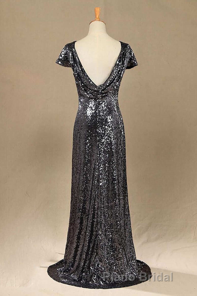 Black Sequin Cap Sleeve Backless Long Bridesmaid Dresses