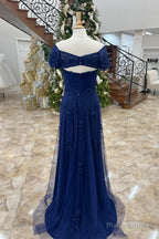Dark Blue Off-Shoulder Floral A-line Long Mother of Brides Dress