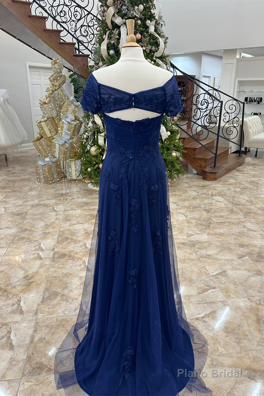 Dark Blue Off-Shoulder Floral A-line Long Mother of Brides Dress Secondary image