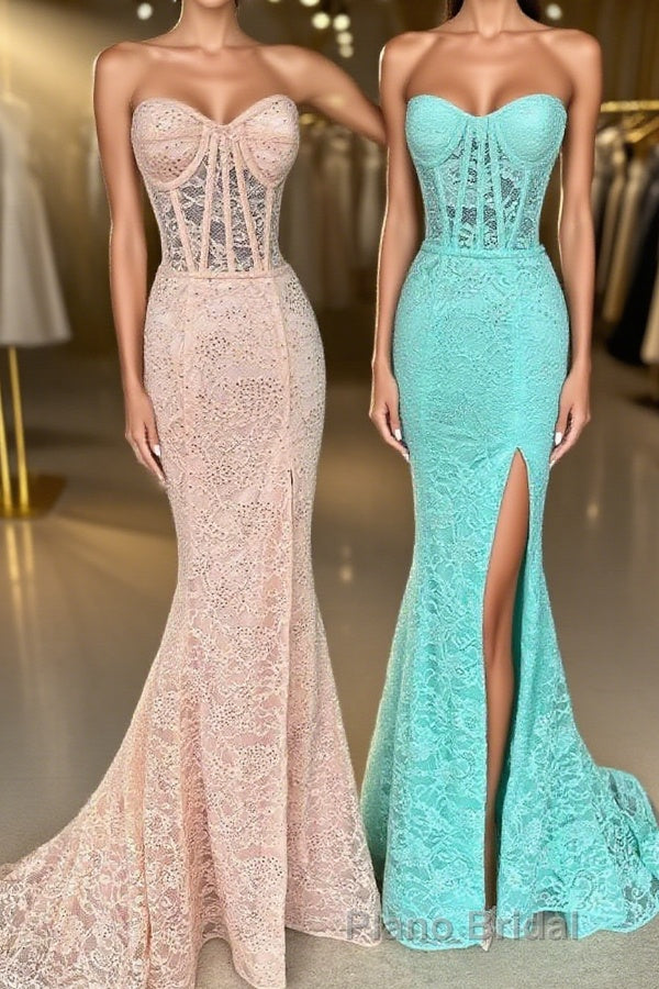 Mint Green Lace Strapless Mermaid  Long Formal Prom Dresses with Slit Main image