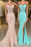 Mint Green Lace Strapless Mermaid  Long Formal Prom Dresses with Slit