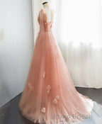 Pink V Neck Tulle Long Formal Prom Dresses, Tulle Evening Dresses
