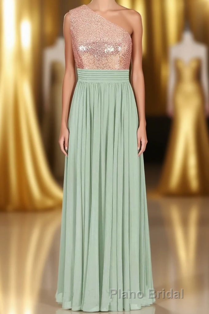 Rose Gold Sequins One-Shoulder Long Bridesmaid Dresses Main image