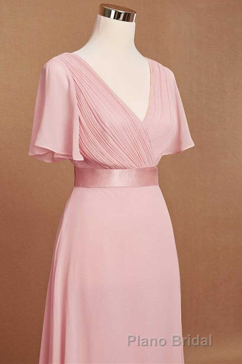 Pink V-Neck Ruffled A-Line Long Bridesmaid Dresses