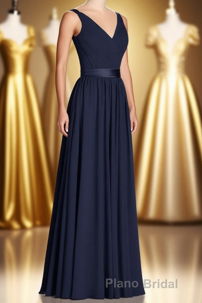 Navy Blue V-Neck Tie-Back A-Line Long Bridesmaid Dresses