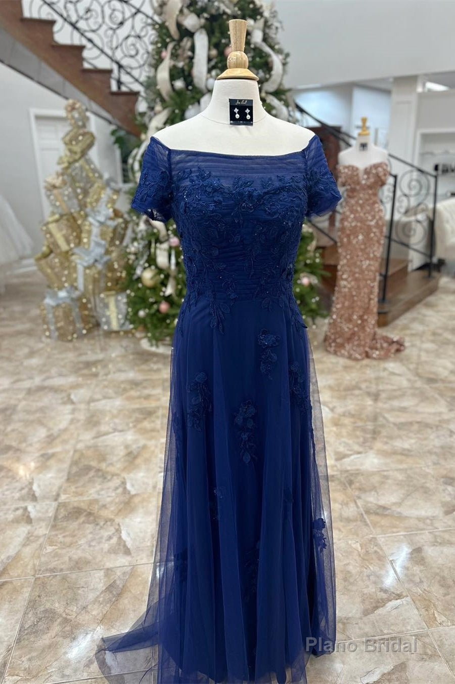 Dark Blue Off-Shoulder Floral A-line Long Mother of Brides Dress Main image