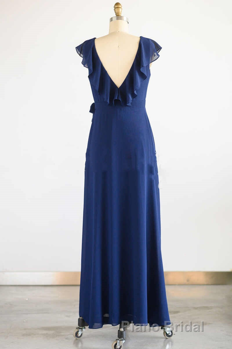 Navy Blue Ruffled Tie-Side Long Bridesmaid Dresses
