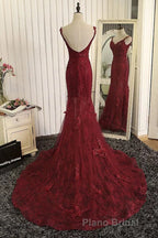 Burgundy Trumpet Sweep Train V Neck Mid Back Appliques Beading Long Formal Prom Dresses