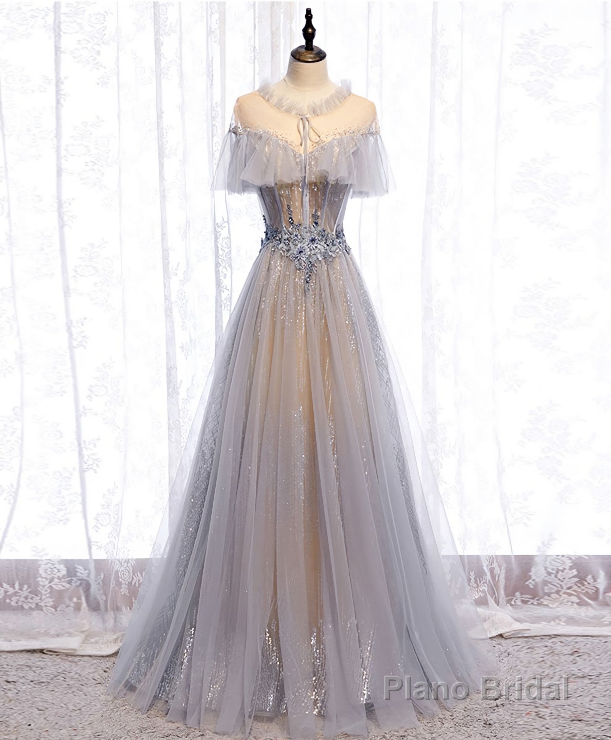 Gray Tulle Lace Long Prom Dress, Gray Tulle Formal Dress, 3 Main image