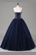 Navy Blue Ball Gown Floor Length Sweetheart Sleeveless Mid Back Formal Prom Dresses
