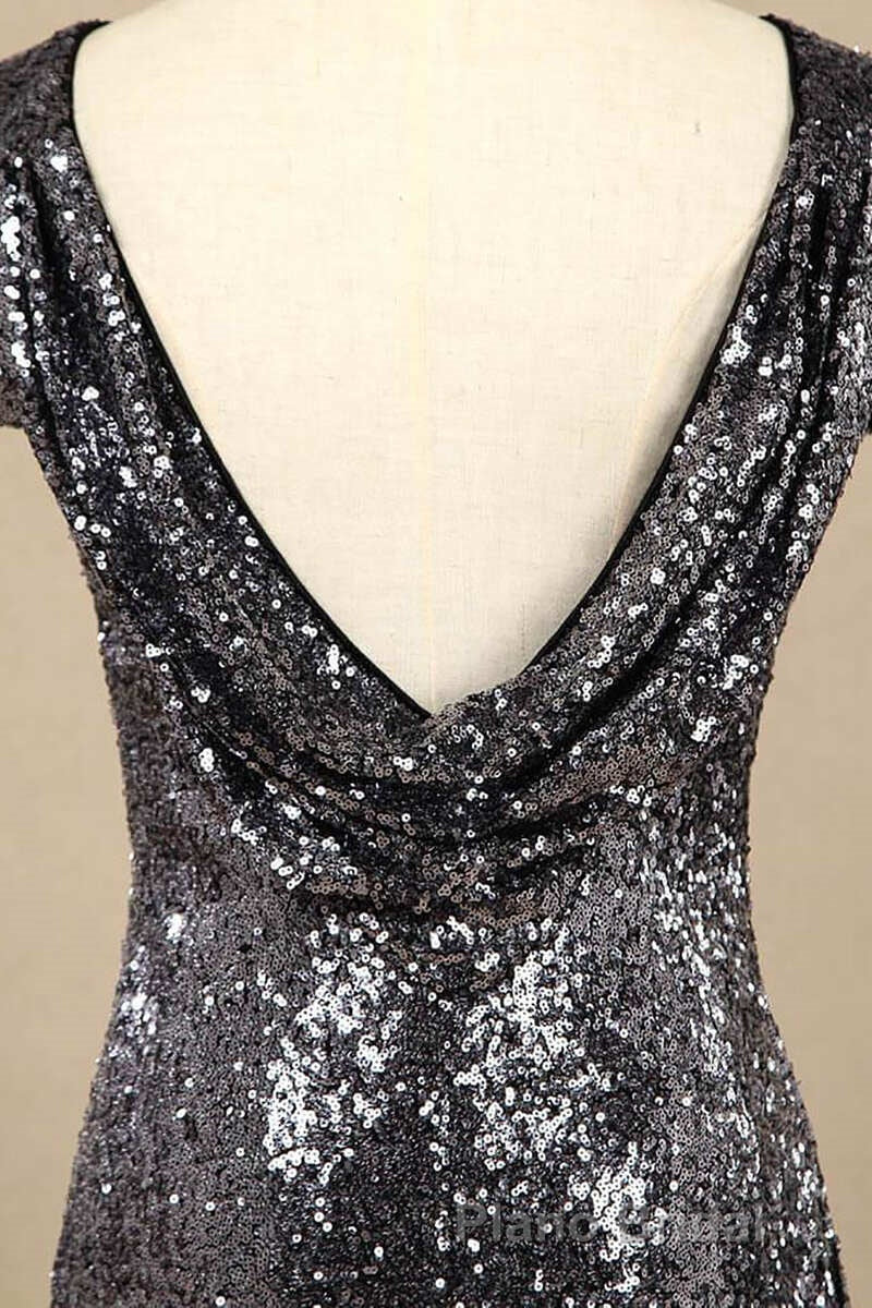 Black Sequin Cap Sleeve Backless Long Bridesmaid Dresses