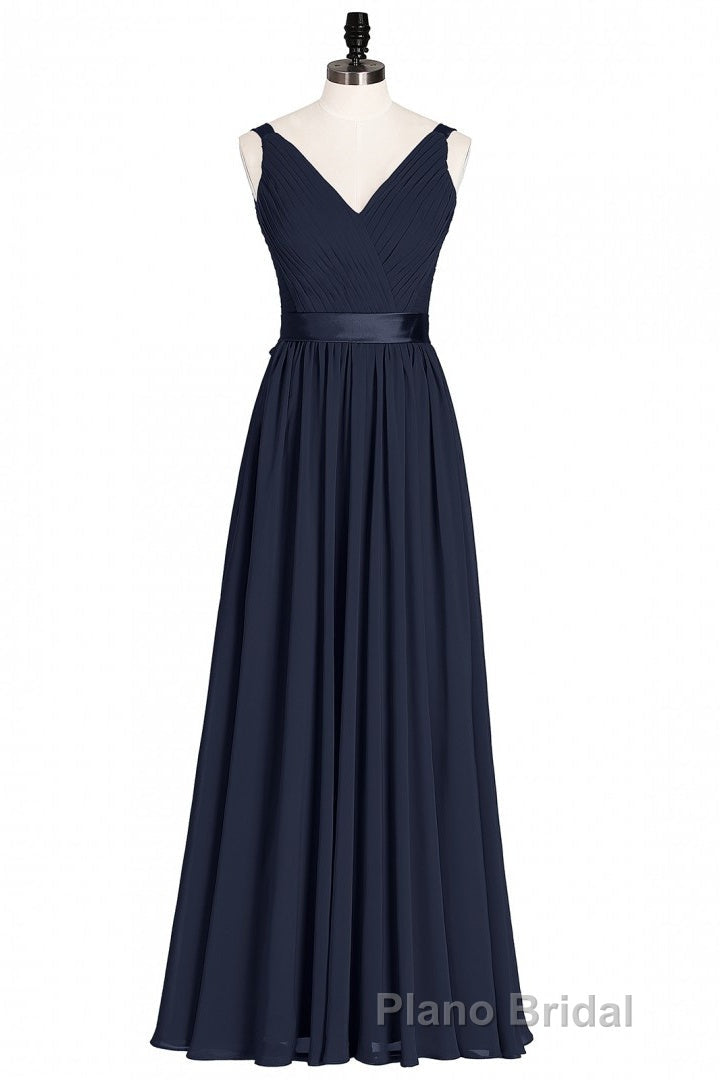 Navy Blue V-Neck Tie-Back A-Line Long Bridesmaid Dresses
