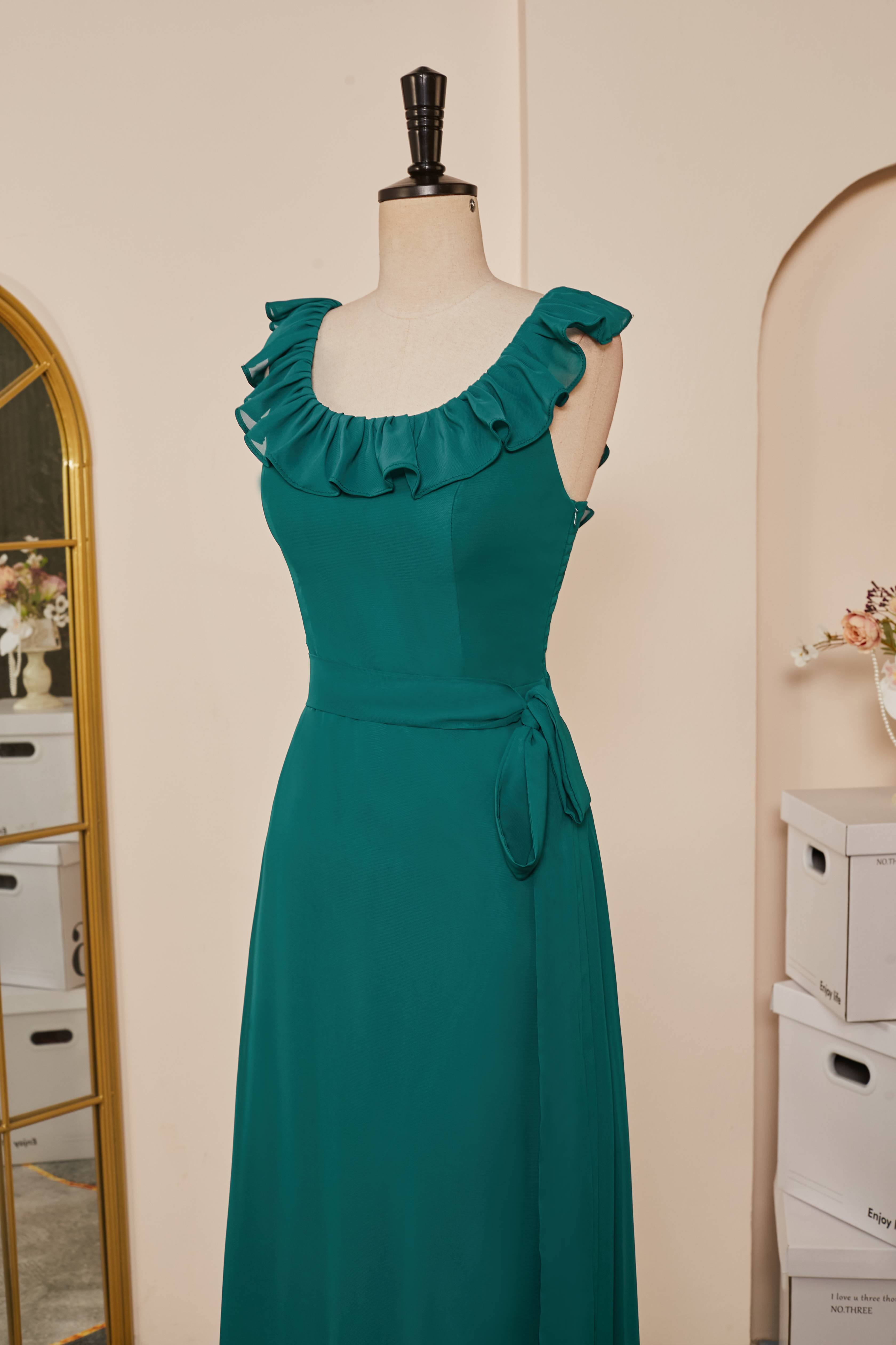 Teal Ruffled Neck A-line Long Bridesmaid Dress with Sash Main image