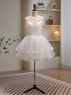 White Spaghetti Strap Tulle Short Prom Dress, Cute A-Line Party Dress