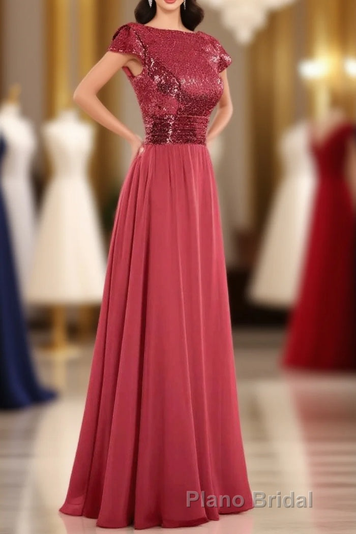 Burgundy Sequin Cap Sleeve Backless A-Line Bridesmaid Dresses Main image