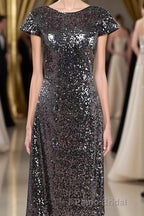 Black Sequin Cap Sleeve Backless Long Bridesmaid Dresses