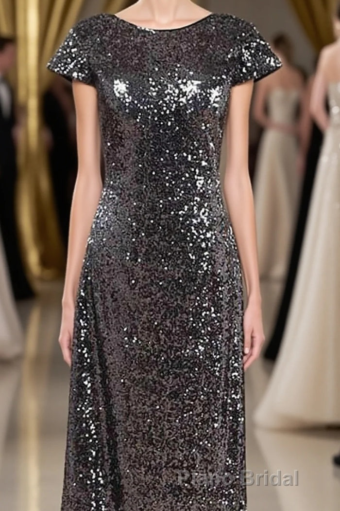Black Sequin Cap Sleeve Backless Long Bridesmaid Dresses