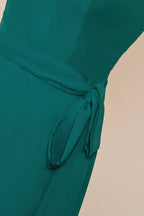 Teal Ruffled Neck A-line Long Bridesmaid Dress with Sash