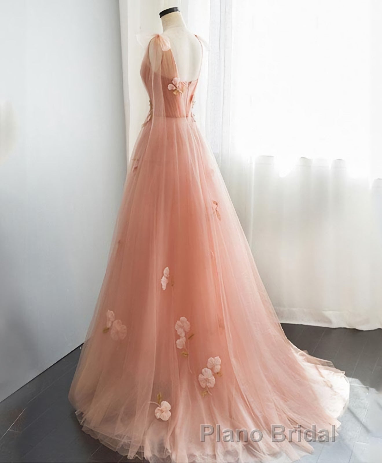 Pink V Neck Tulle Long Formal Prom Dresses, Tulle Evening Dresses Secondary image