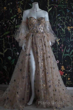 Chic Long Sweetheart Front Split Star Formal Prom Dresses With Sleeves