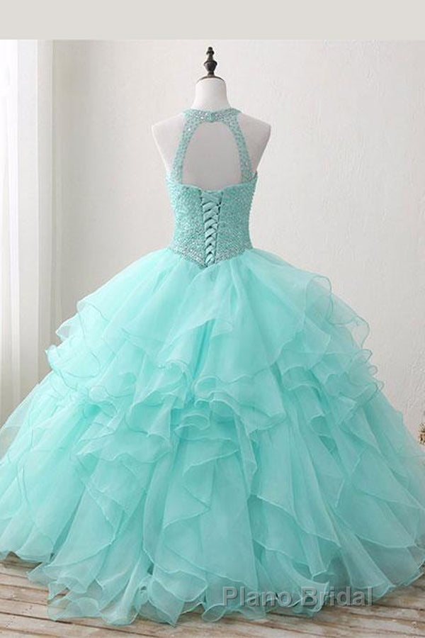 Mint Ball Gown Floor Length Halter Keyhole Back Beading Ruffles Formal Prom Dresses Secondary image