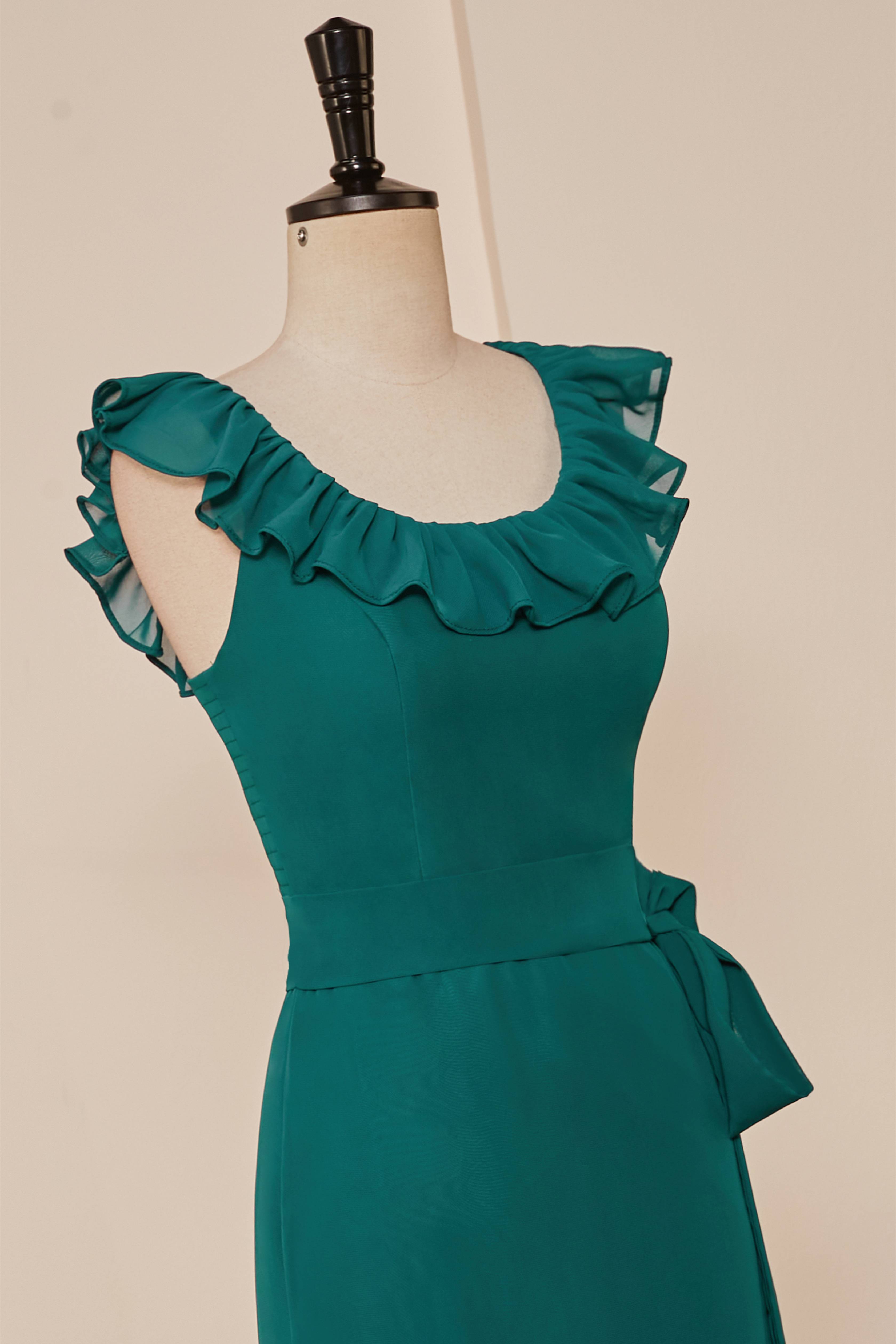 Teal Ruffled Neck A-line Long Bridesmaid Dress with Sash