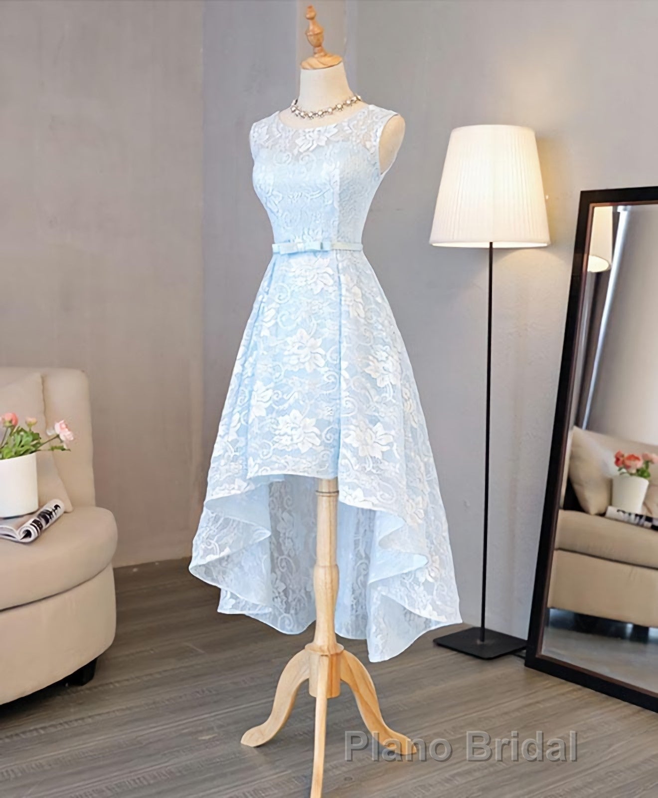 Light Blue Lace High Low Formal Prom Dresses, Homecoming Dresses Secondary image