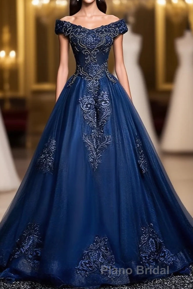 Blue Tulle Lace Off Shoulder Long Formal Prom Dresses, Blue Tulle Lace Evening Dresses Main image