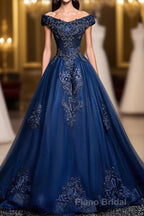 Blue Tulle Lace Off Shoulder Long Formal Prom Dresses, Blue Tulle Lace Evening Dresses