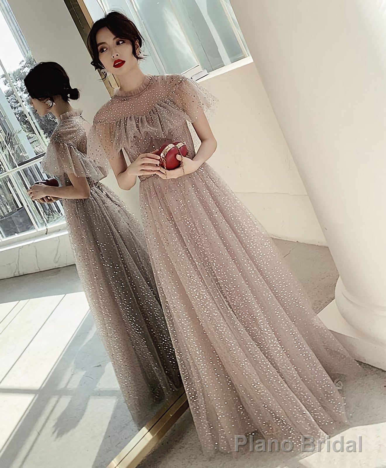 Champagne Tulle Sequin Long Prom Dress Tulle Formal Dress Secondary image