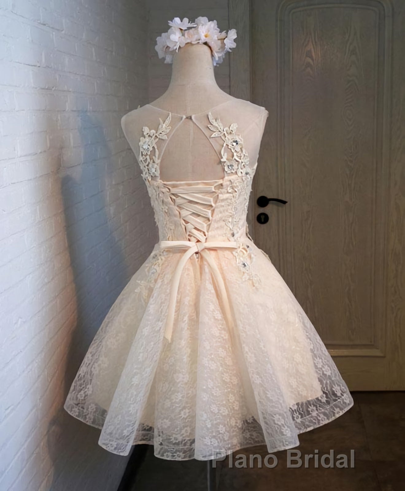 Champagne Lace Round Neck Short Formal Prom Dresses, Bridesmaid Dresses Secondary image