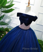 Dark Blue Tulle Off Shoulder Long Formal Prom Dresses, Blue Sweet 16 Dresses