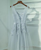 Gray A Line Lace Tulle Short Formal Prom Dresses, Homecoming Dresses