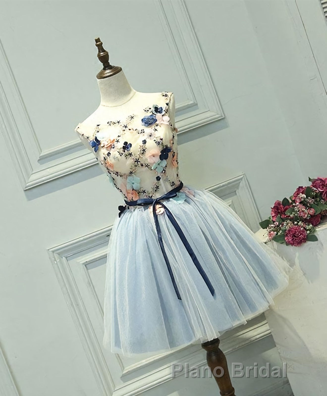 Gray Blue Tulle Short Formal Prom Dresses, Tulle Homecoming Dresses