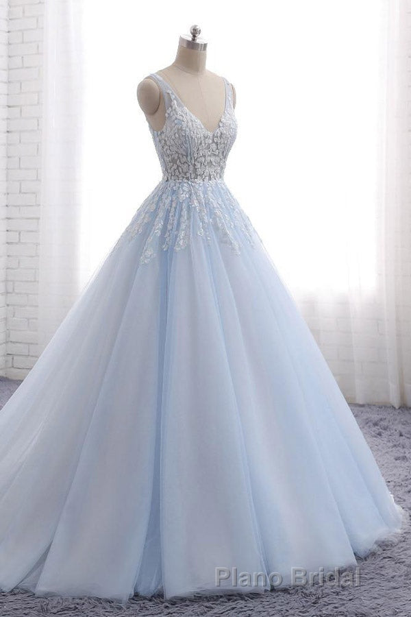 Ball Gown Chapel Train V Neck Sleeveless Backless Appliques Formal Prom Dresses Secondary image