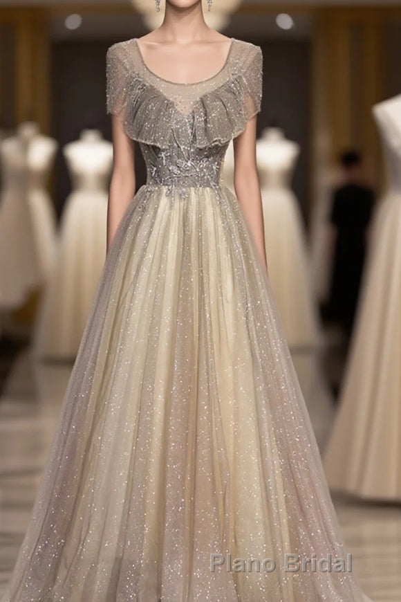 Champagne Round Neck Sequin Long Formal Prom Dresses, Tulle Prom Dresses Main image