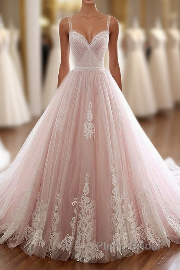 Pink Sweetheart Lace Tulle Long Formal Prom Dress, Lace Pink Evening Dress Main image