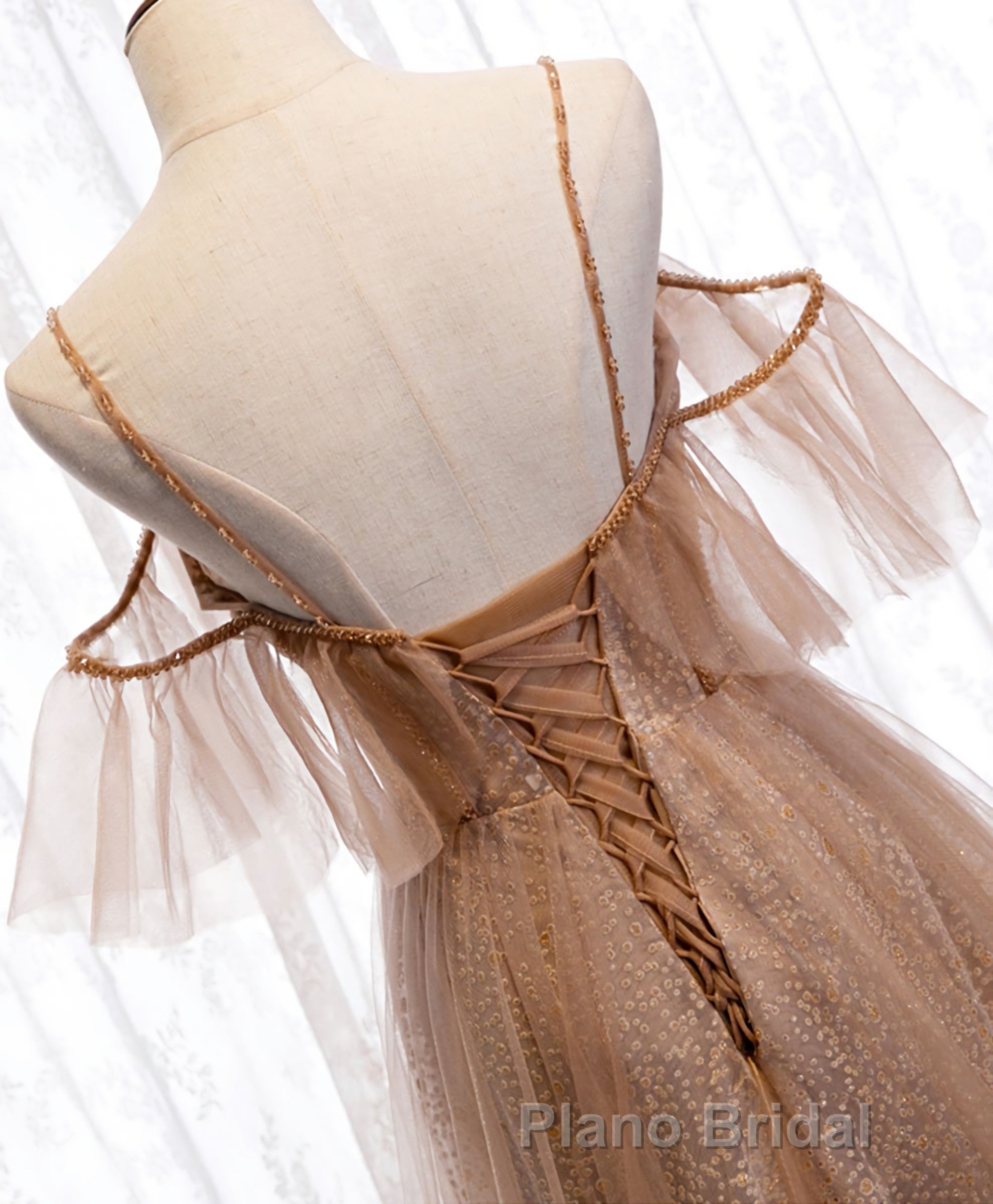 Champagne Tulle Sequin Long Formal Prom Dresses, Champagne Evening Dresses