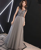 Gray V Neck Tulle Sequin Long Prom Dress Gray Tulle Evening Dress