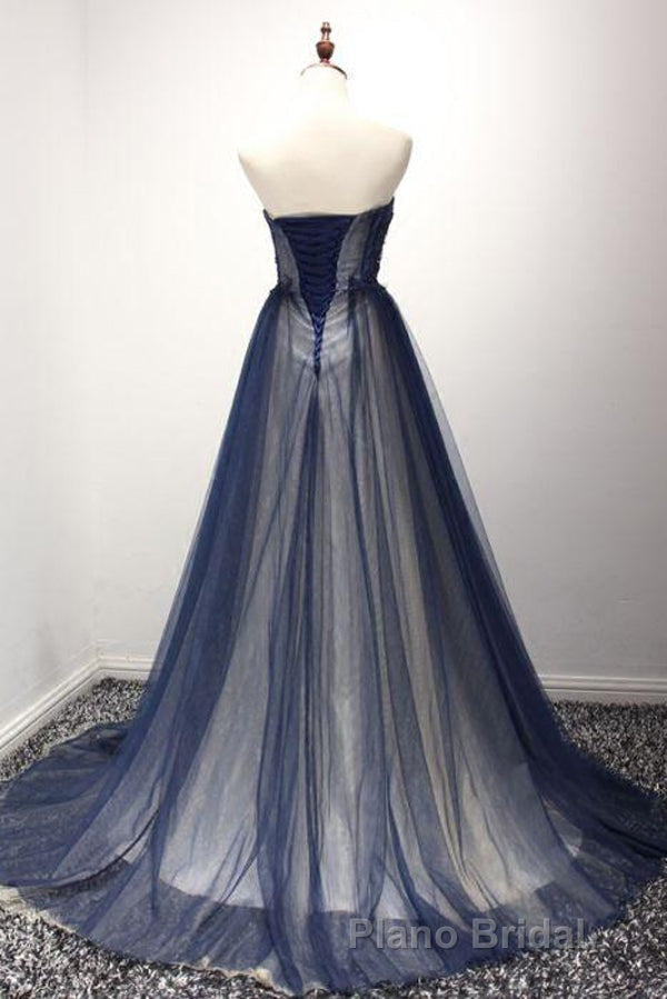 Navy A Line Sweep Train Straight Sleeveless Mid Back Lace Up Formal Prom Dresses Secondary image