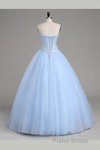Light Blue Ball Gown Floor Length Sweetheart Strapless Sleevless Beading Formal Prom Dresses