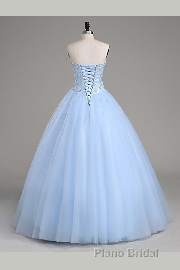 Light Blue Ball Gown Floor Length Sweetheart Strapless Sleevless Beading Formal Prom Dresses