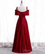 Burgundy Satin Beads Long Formal Prom Dresses, Burgundy Evening Dresses