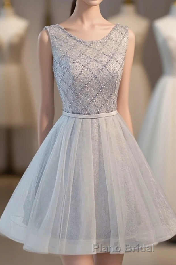 Gray Tulle Beads Short Formal Prom Dresses, Gray Homecoming Dresses