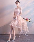 Pink Round Neck Lace Short Prom Dress Pink Homecoming Dress 1