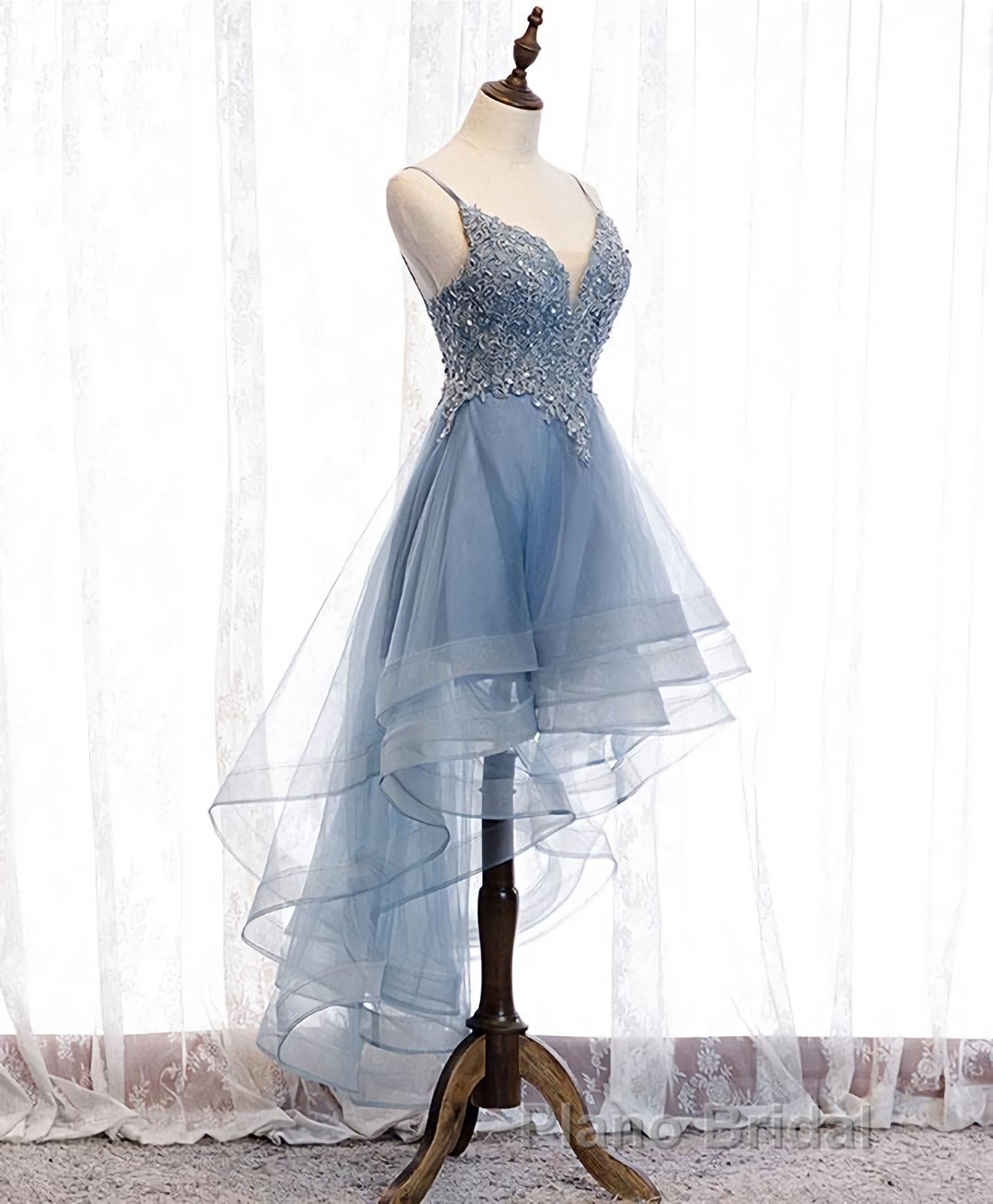 Blue Sweetheart Tulle Lace High Low Formal Prom Dresses, Blue Homecoming Dresses