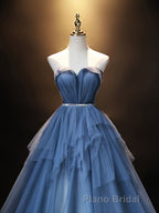 Blue Sweetheart Neck Tulle Long Formal Prom Dresses, Blue Evening Dresses