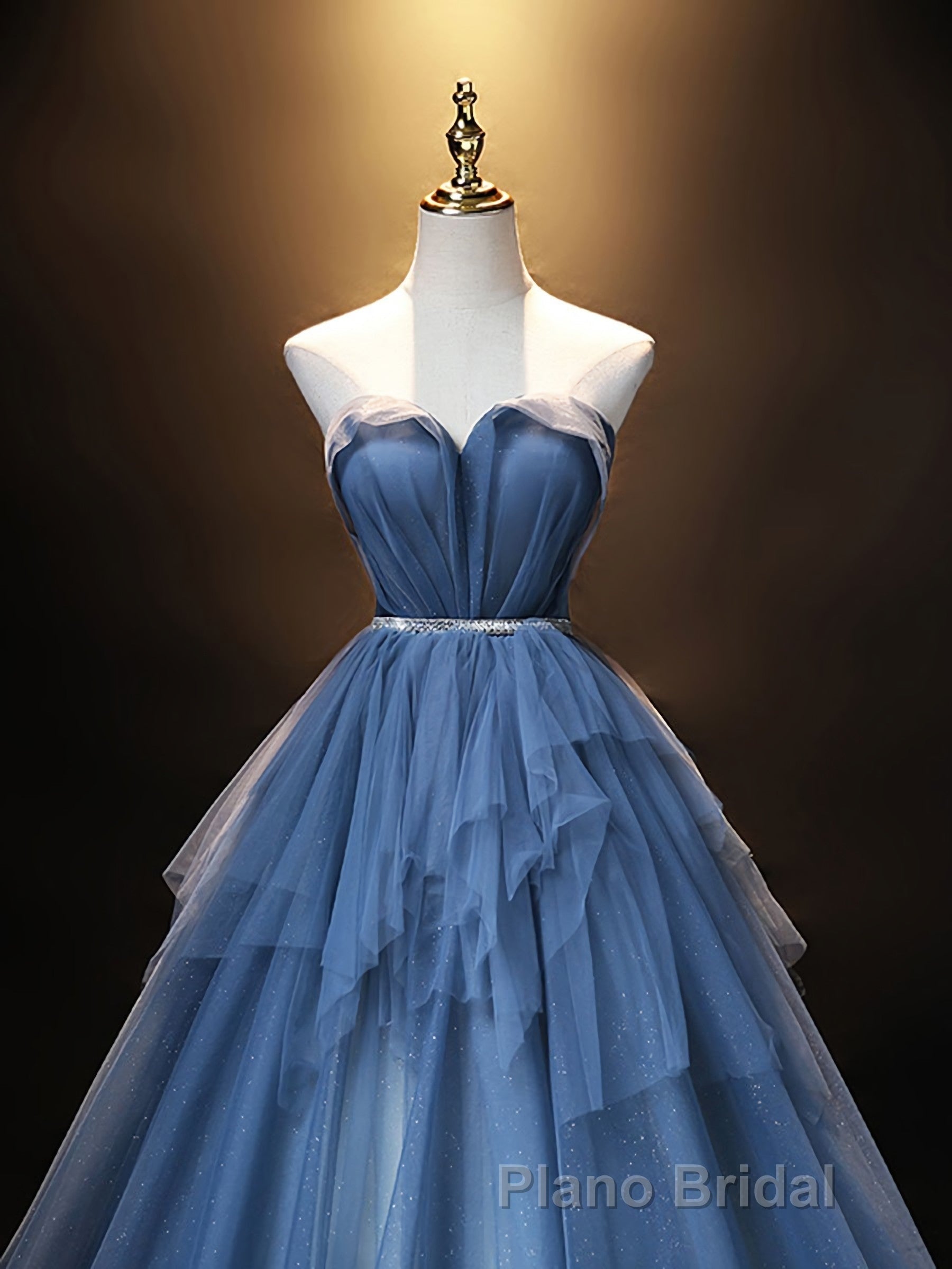 Blue Sweetheart Neck Tulle Long Formal Prom Dresses, Blue Evening Dresses