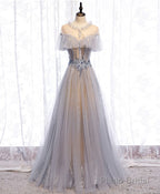 Gray Tulle Lace Long Prom Dress, Gray Tulle Formal Dress, 3