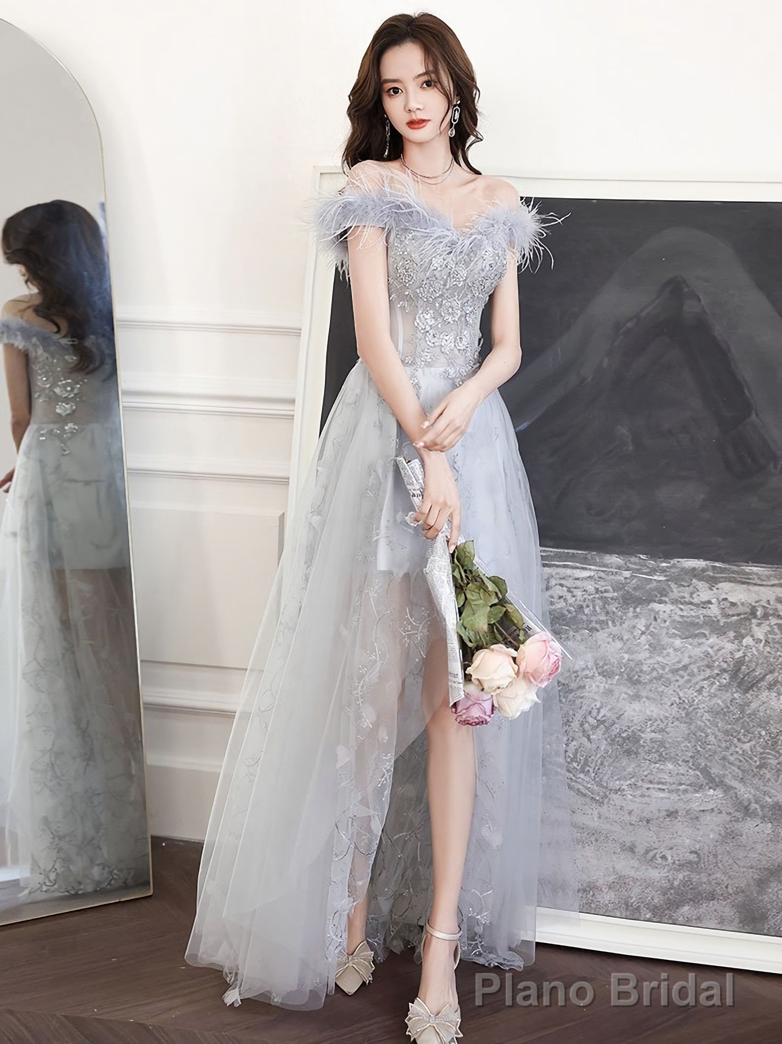 Gray Sweetheart Neck Tulle Long Prom Dress Gray Evening Dress
